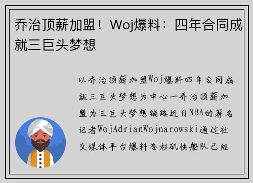 乔治顶薪加盟！Woj爆料：四年合同成就三巨头梦想